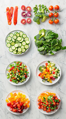 Recipe book layout showing step-by-step vegetable prep in vertical flat lay, ideal for instructional visuals