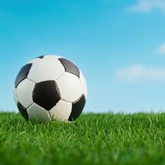 Soccer ball on grass under blue sky
