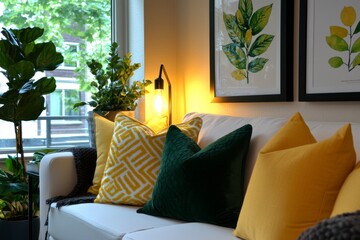 Imagine stepping into a cozy living room bathed in a warm, inviting glow Sunlight streams through the window, illuminating the lemon-yellow throw pillows scattered artfully on the plush white sofa