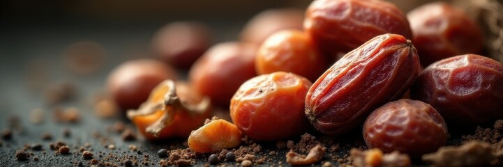 Obraz premium Dried date palm fruits, wrinkled skin, intensely dark brown tones , caramel, palm