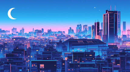 高層ビル群と満月が照らす幻想的な近未来都市 夜景が湖に反射するシンセウェーブ風イラスト ネオンカラー 背景素材 SF都市の夜風景 パステル系色彩構成