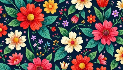 Intricate floral pattern, vibrant blooms and leaves seamlessly repeating , botany, fabric, vine
