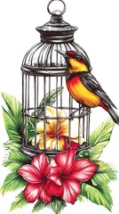Tropical bird in antique cage.
