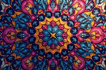Intricate geometric textile design, vibrant hues, maximalist, backdrop, style