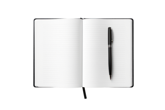 Top view of an open notebook with lined pages and a collection of pens positioned alongside it isolated on white background