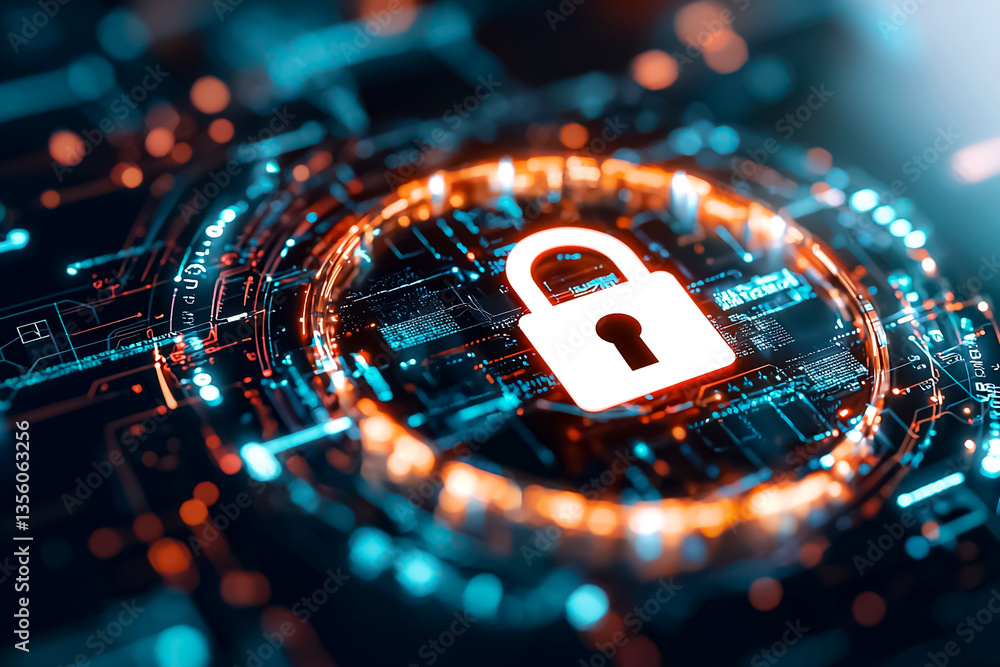 Poster abstract digital lock symbol on a vibrant technology background representing cybersecurity and data 