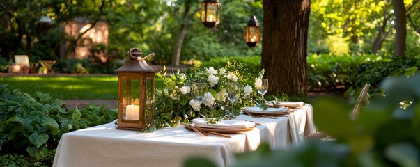 Imagine an intimate garden dinner party, bathed in the soft glow of ambient light, inviting guests to a serene and stylish experience A pristine white linen tablecloth drapes gracefully, providing a