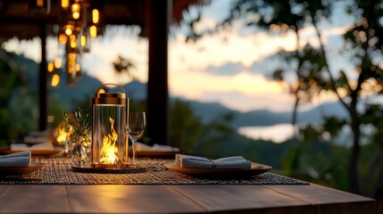 Imagine an evening of delightful dining amidst the captivating embrace of nature's beauty The alfresco dinner scene unfolds, a tapestry woven with warm light and verdant greenery A crackling fire pit