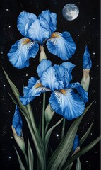 Watercolor painting of vividly blooming blue iris flowers on a black background with moonlight and stars in the sky, Generative AI
