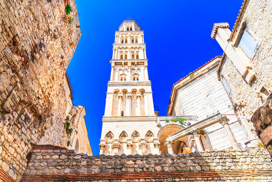 Split, Croatia: Diocletian palace ruins and Cathedral of Saint Domnius bell tower in historic center of Split, Dalmatia