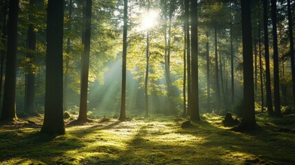 Obraz premium Sunlight shining through trees in a green forest.
