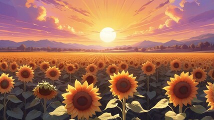 Obraz premium Golden Sunset Over a Vibrant Sunflower Field