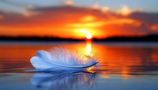 A white feather floats gently on tranquil water at sunset