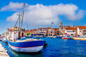 Prvic, Sepurine, Croaia: Scenic view of the old city, Sibenik archipelago, Dalmatia, Adriatic Sea