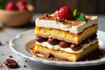 Layers of coffee-soaked ladyfingers and creamy mascarpone Classic Italian dessert , layered dessert, studio shot