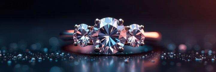 Elegant trilogy ring, dark backdrop, glittering diamonds , diamonds, macro, dark