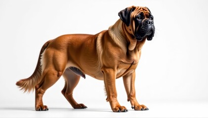 Obraz premium Majestic Mastiff, powerful stance, white background, mastiff breeds, brindle