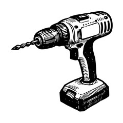 Hand-drawn Drill in Engraving Style, Black and White, for Construction and Repair with copy space