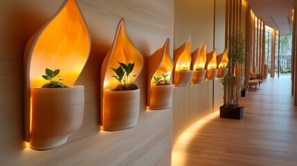 Experience tranquility with this minimalist plant wall, a serene fusion of nature and modern design Soft lighting accentuates the delicate foliage within transparent terrariums, casting a warm