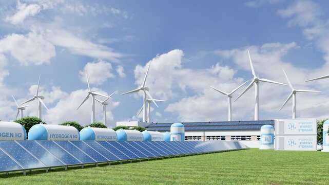 Concept of an energy storage system based on electrolysis of hydrogen for clean electricity solar and wind turbine facility- 3D rendering