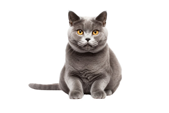 Gray cat sitting with its front paws neatly placed, a slight head tilt, and a focused gaze
