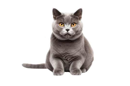 Gray cat sitting with its front paws neatly placed, a slight head tilt, and a focused gaze