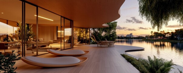 Fototapeta premium Experience the serenity of modern living with this stunning terrace design Minimalist furniture complements the breathtaking sunset view, creating an inviting space for al fresco dining and