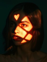 A portrait of a young woman, lit by the soft glow in the shape of heart above her eyes. The lighting casts different shadows across her face, highlighting one eye while covering another in shadow. 