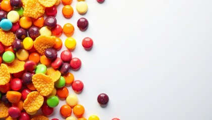 Obraz premium Pile of colorful candy, chips, and soda on white background, vibrant, tempting, green