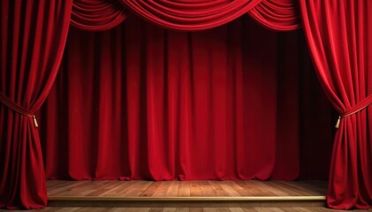 Luxurious red velvet curtains, gold frame, wooden stage, stage, theater, art deco