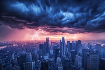 Fototapeta premium A stunning city skyline before a storm, dark clouds hover over towering skyscrapers, and distant lightning illuminates the scene, creating an intense and immersive moment.