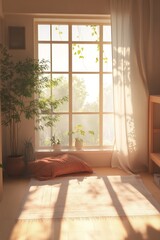 Fototapeta premium A warm pastel-coloured room with large windows that gently stream afternoon sunlight onto the floor, enhanced by the gradient of light flowing down the walls.