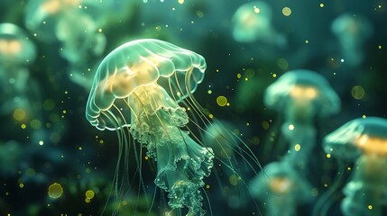 Obraz premium Glowing Jellyfish in Deep Blue Ocean with Bioluminescence