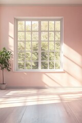 Fototapeta premium A spacious, empty room with soothing pastel tones and a large window that floods the space with warm daylight. The interplay of light and shadow adds depth.