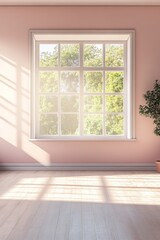 Fototapeta premium A spacious, empty room with soothing pastel tones and a large window that floods the space with warm daylight. The interplay of light and shadow adds depth.