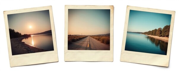 Three vintage instant photos isolated on white background, perfect for scrapbooking , macro, corner
