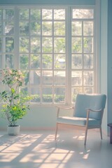 A tranquil, pastel-themed space with a wide-open window allowing fresh air and sunlight to enter. The soft illumination accentuates the gentle color palette, evoking a sense of calm and relaxation.