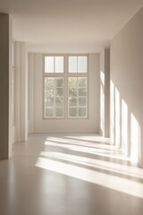 Fototapeta premium An empty, pastel-hued room with a modern aesthetic. A wide window lets in bright natural light, casting long, soft-edged shadows across the minimalist space.
