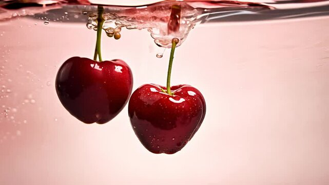 Super slow motion video of falling ripe cherries into water, isolated on pastel pink background, with soft studio lighting