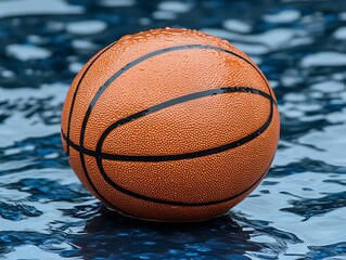Wet basketball with dark surface.