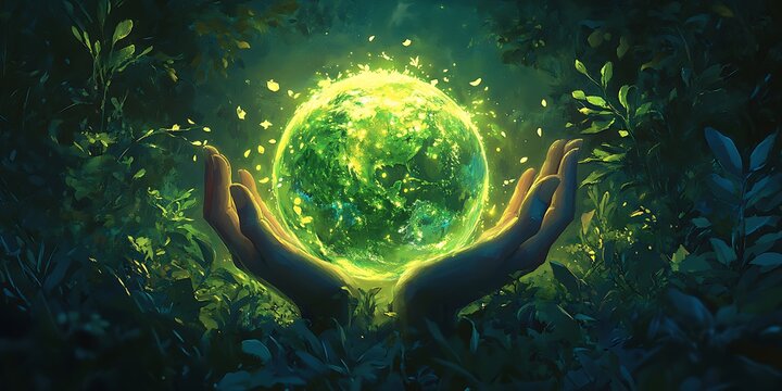 A glowing green Earth resting gently in human hands, covered with trees and foliage, symbolizing the urgent need for environmental care