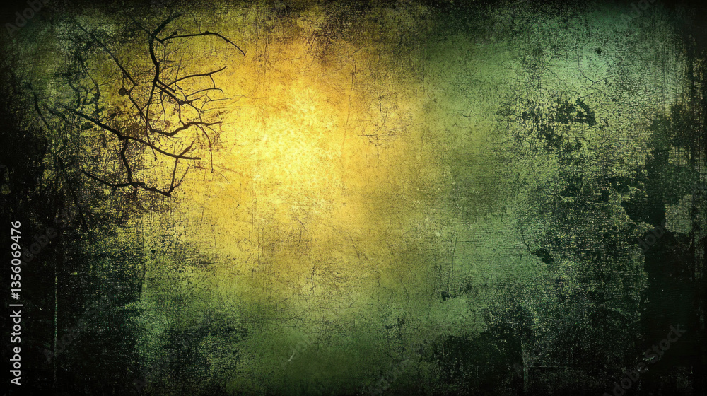Poster a blurry, green and yellow background with a tree in the foreground. the background is full of textu