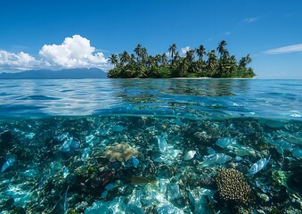 A pristine, unspoiled sea environment with clear water, lush coral, and abundant fish, underscoring the importance of keeping oceans free from plastic pollution