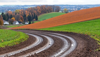 Winding Dirt Road with Autumn Fields.