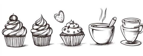 A series of cupcakes and a coffee cup are drawn in black and white. The cupcakes are arranged in a row, with the first one on the left and the last one on the right