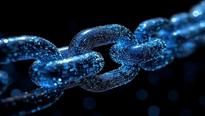 Close-up of digital blue chain symbolizing blockchain technology and security