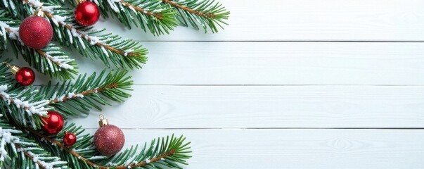 Snowy fir branches on white wood, Christmas & New Year background, pine, backdrop, nature