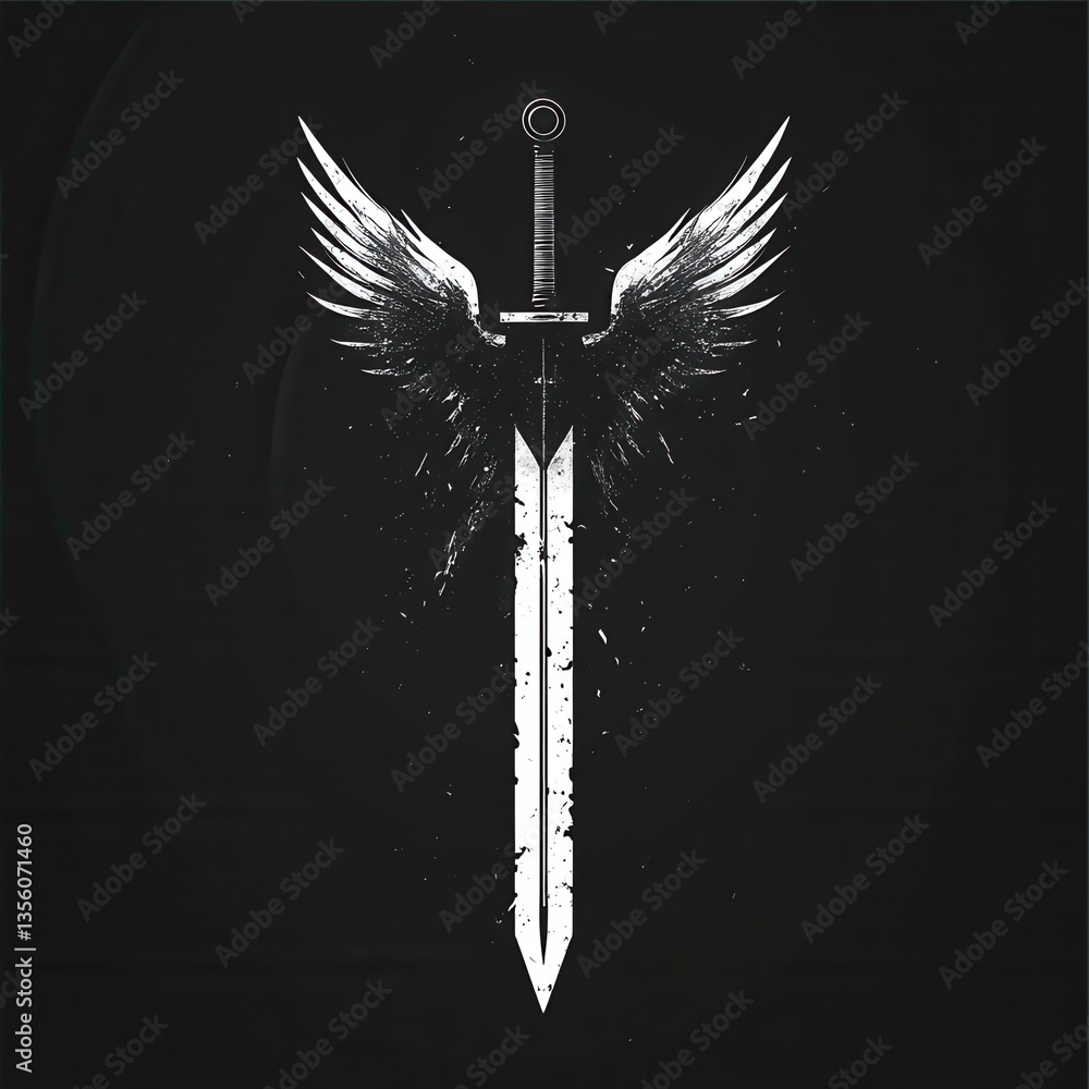 Poster sword with wings design featuring a dark and grungy artistic style ideal for fantasy themes and warr