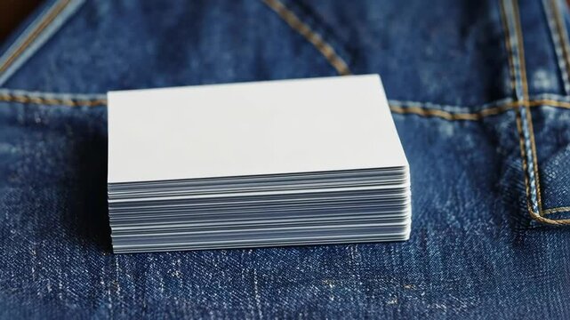 A clean stack of blank business cards on denim, illustrating simplicity and potential for branding and design.