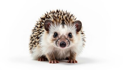 Obraz premium Single hedgehog isolated, against stark white backdrop Showing quills and tiny nose , adorable, wild, background